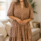 Brown V Neck Polka Dot Long Sleeve Shift Plus Size Dress