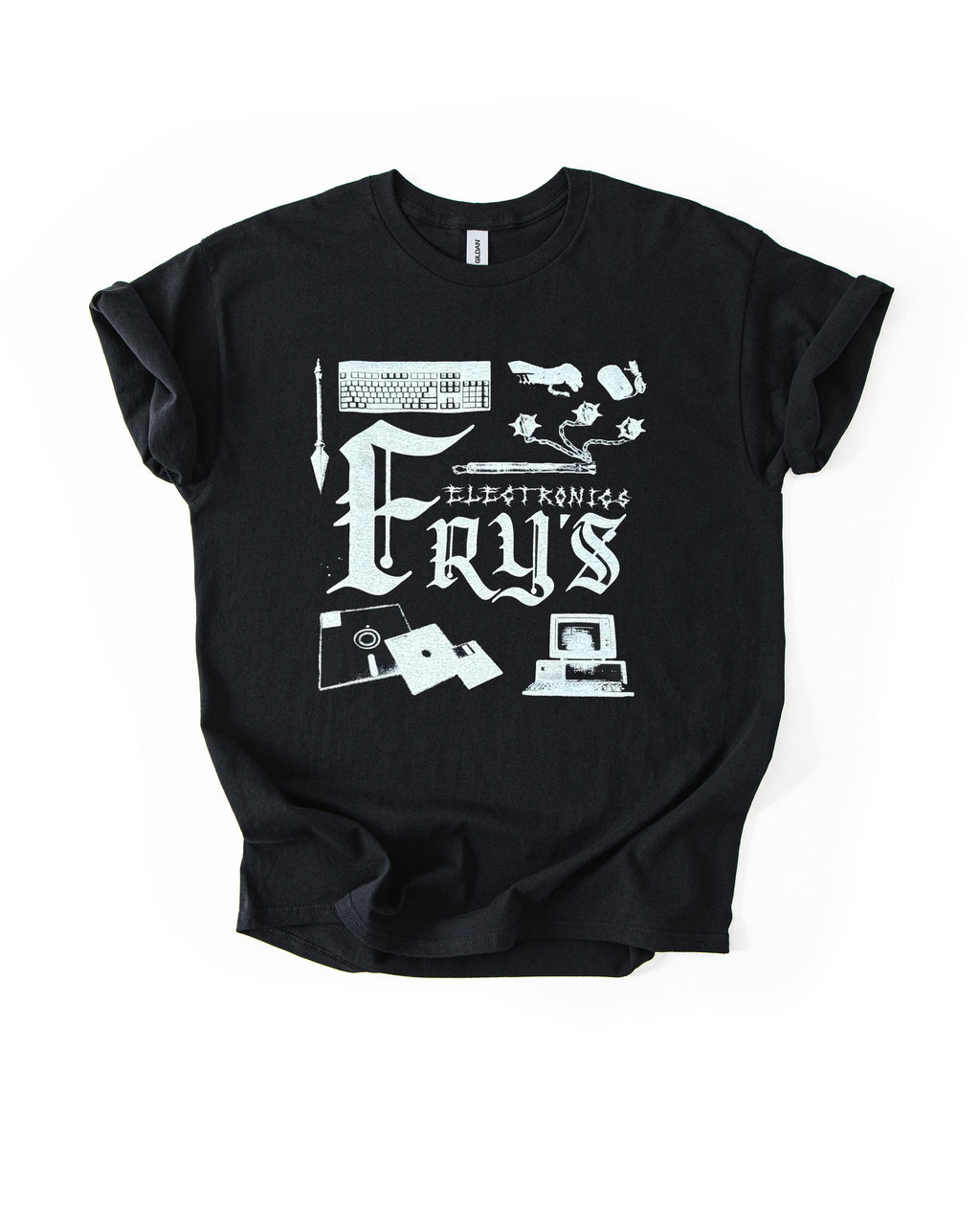 Ye Old Fry’s Electronics on black unisex t-shirt