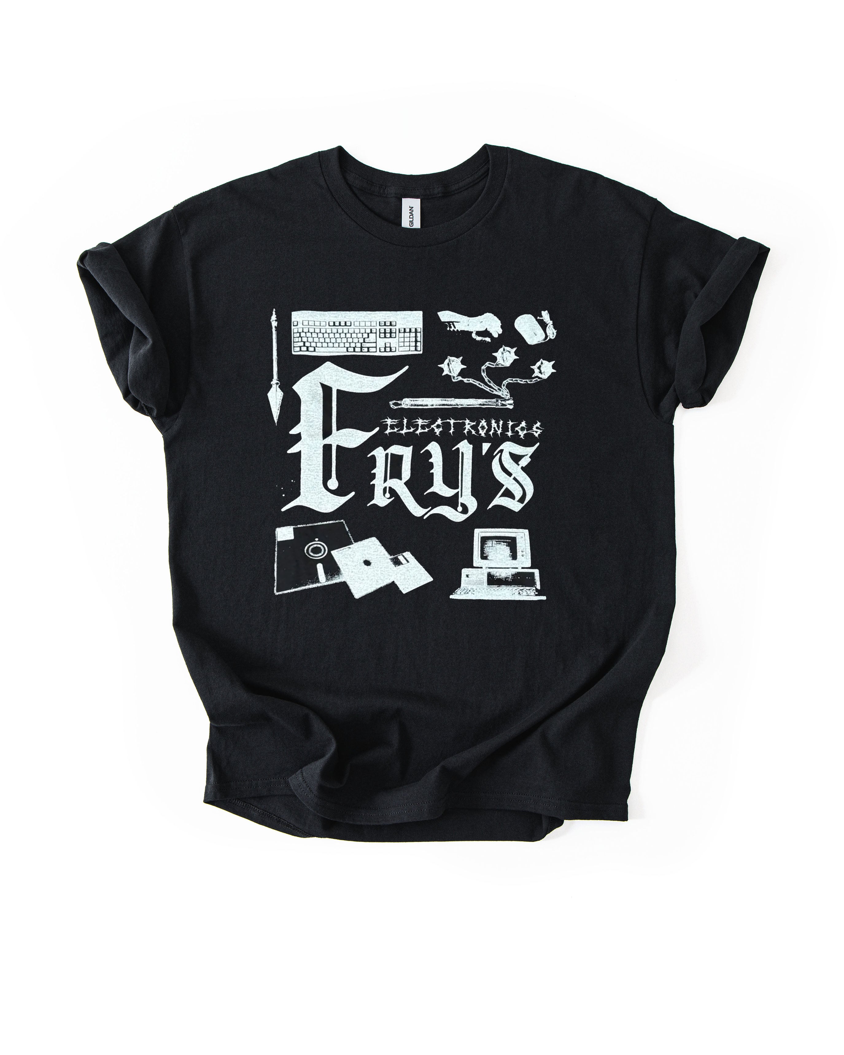 Ye Old Fry’s Electronics on black unisex t-shirt