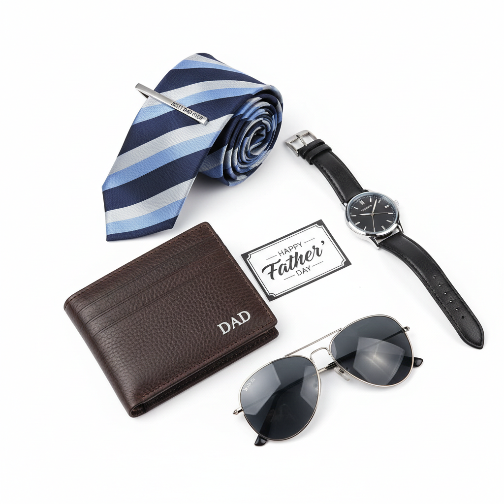 Men's accessories gift set with wallet, watch, sunglasses and tie on white background