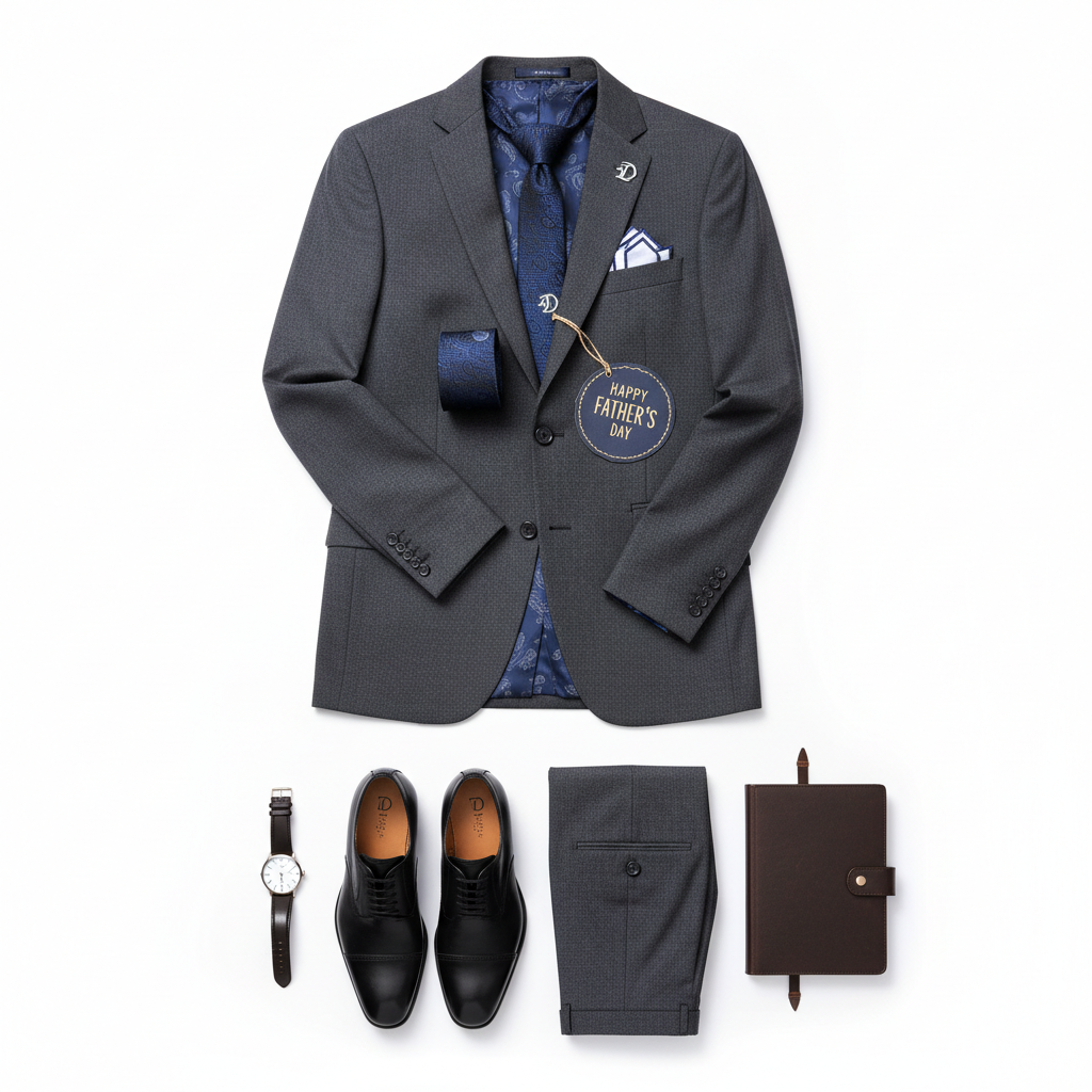 Elegant charcoal grey men's slim-fit suit on white background — Father's Day gift