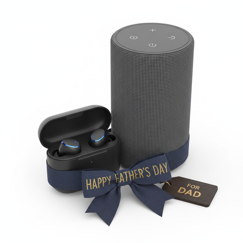 Wireless earbuds and smart speaker on white background — Father's Day electronics gift