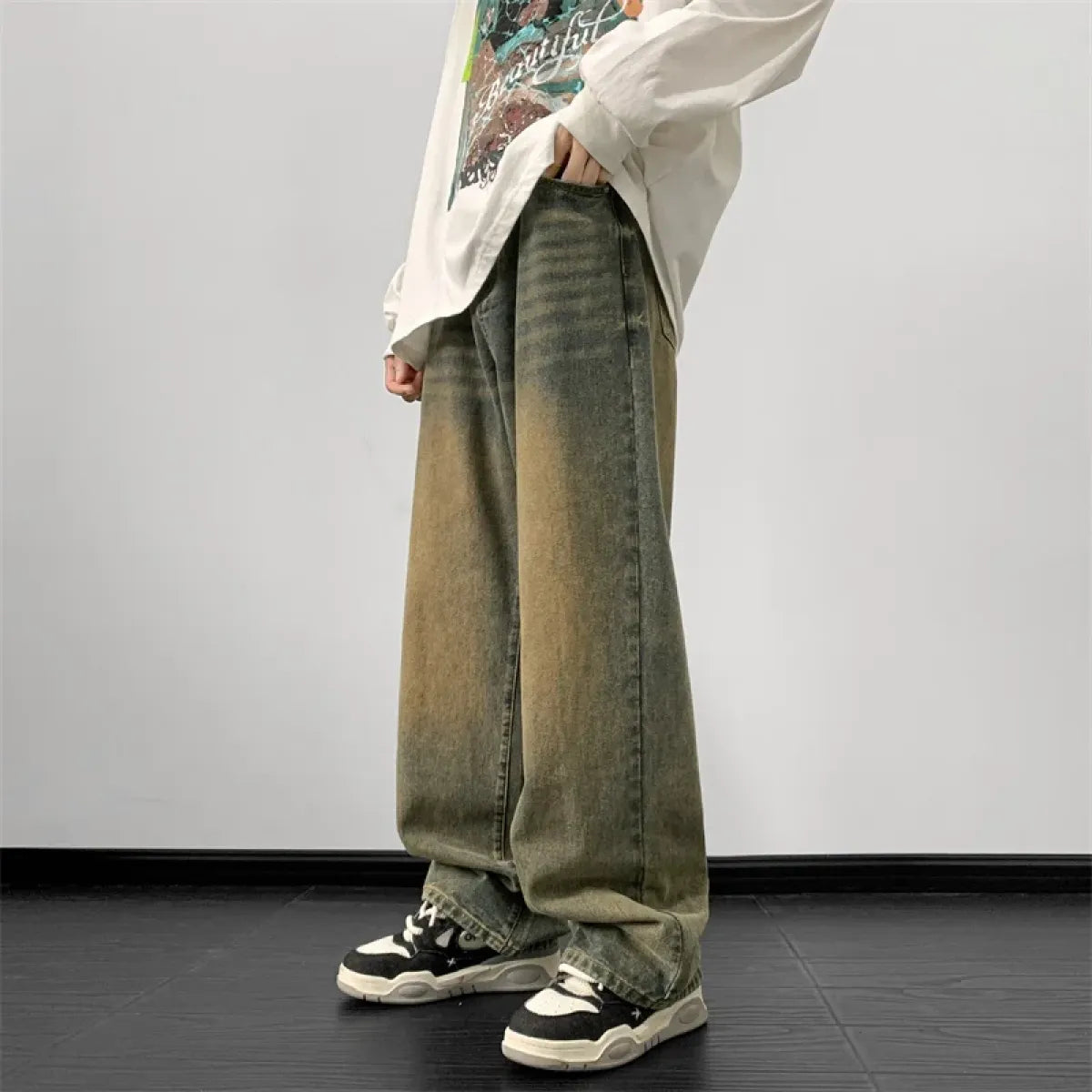 Pantalon en jean vintage à jambe large – Jean streetwear Harajuku pour homme